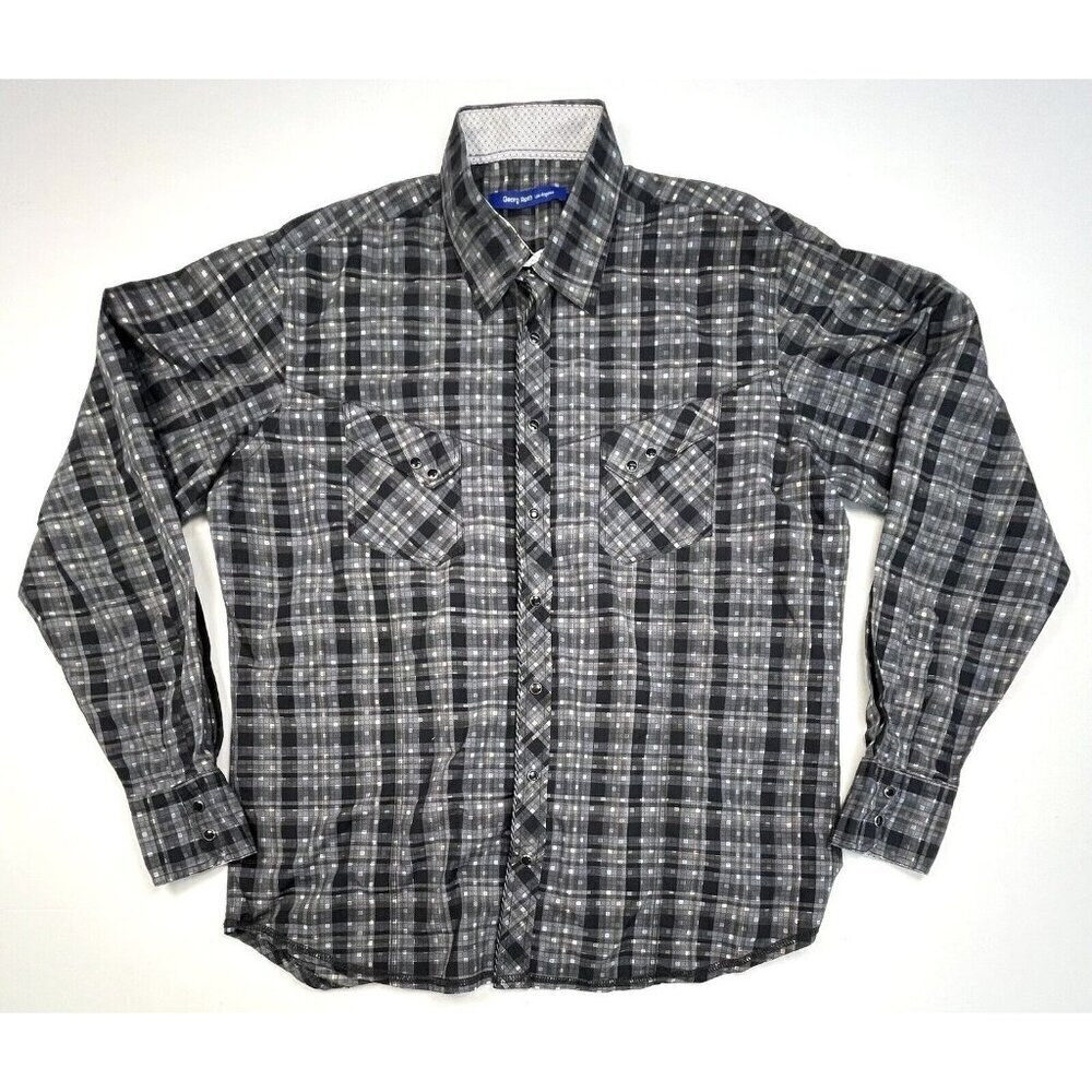 GEORG ROTH Los Angeles Mens XL Gray Plaid Cotton Pearl Snap-Up L/S SHIRT EUC